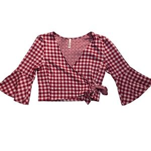 Gilli Red Gingham Wrap Tie Bell Sleeve‎ Cropped Top Size L Boho Western